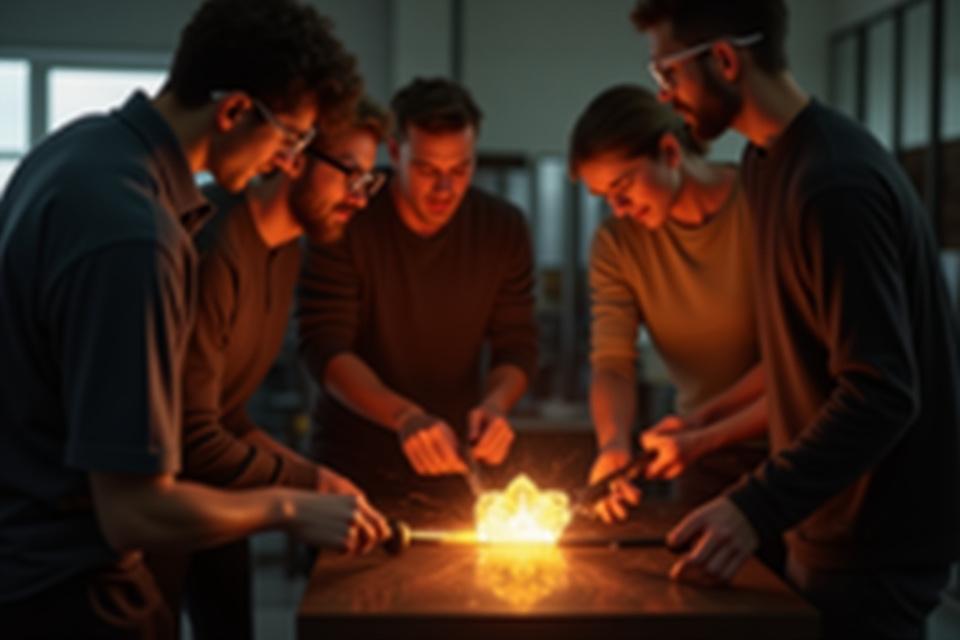 Corporate team collaborating on glassblowing project